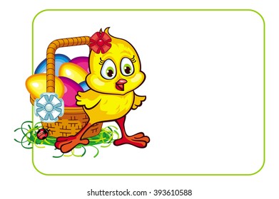 Vector frame with cartoon chicken and Easter eggs