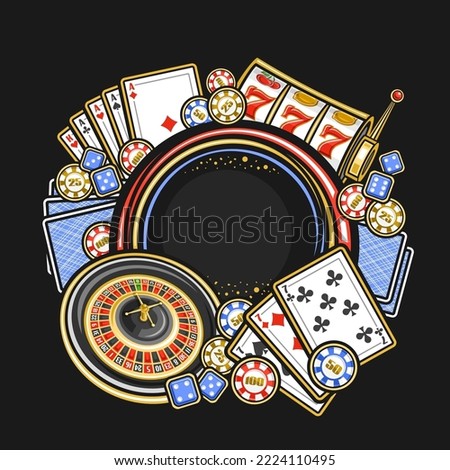 Vector frame for Casino with copy space for text, round signboard for casino in Las Vegas with illustration of european roulette wheel, colorful casino coins, poker four of a kind, blue gambling cubes