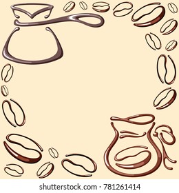Vector frame with cezve, coffee bag and coffee beans. Suitable for cafe, coffee shop, coffee house or poster