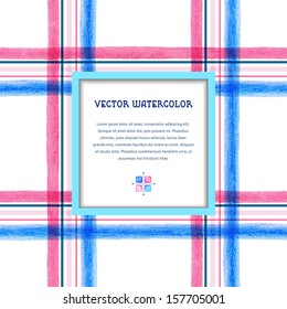 Vector frame. Checkered pattern with watercolor stripes. Hand drawing. Place for your text. Icon with colorful watercolor squares. 