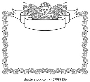 Vector frame with cherub in vintage style. Custom element for design artworks.