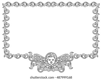 Vector frame with cherub in vintage style. Custom element for design artworks.