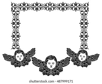 Vector frame with cherub in vintage style. Custom element for design artworks.