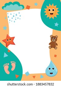 Vector frame in children's style with cute characters for greeting, for book design, for booklets, for advertising, made in bright colors