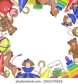 Vector frame of children's toys on a white background doll,bear,rocking horse,cubes,ball,pyramid.Vector background for postcards,notebook covers.