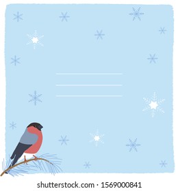 Vector frame for a Christmas card or cover with a bird and snowflakes on a blue background.