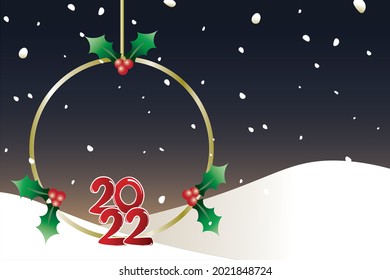 Marco vectorial con decoraciones navideñas. Feliz Navidad y feliz tarjeta de año nuevo o patrón de banner. Año nuevo 2022. Marco de oro de Navidad con bayas huecas. Cae la nieve y el clima invernal.
