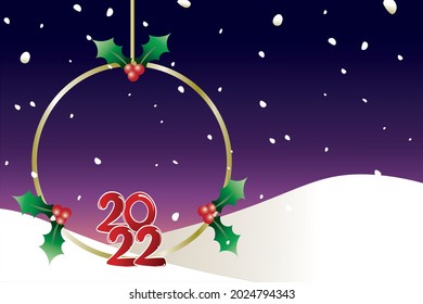 Vector frame with Christmas decorations. New year 2022. Christmas gold frame with holly berries. Falling snow and winter weather. Merry Christmas and happy new year card or banner template.