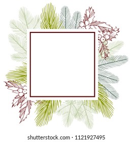 Vector frame with Christmas plant. Hand-drawn ilustration.