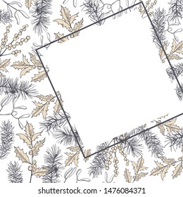 Vector frame with Christmas plants. Hand-drawn ilustration.