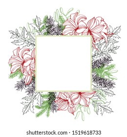 Vector frame with Christmas plants. Hand-drawn ilustration.