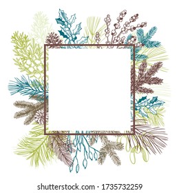 Vector frame with Christmas plants. Hand-drawn ilustration.