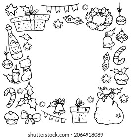 Vector frame for Christmas. square frame of drawing elements Santa's bag, champagne, holly, candles, bells, wreath, stars black outline on a white background with an empty space inside for text