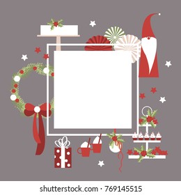 Vector frame with Christmas wreath, cake, gift  and elf. 