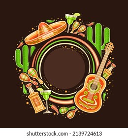 Vector frame for Cinco de Mayo with copyspace for text, decorative circle price tag with illustration of mexican musical instruments, red and green hot peppers, traditional alcohol for cinco de mayo