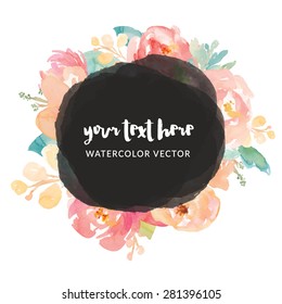 Vector Frame with Circle and Painted Pink Watercolor Flowers