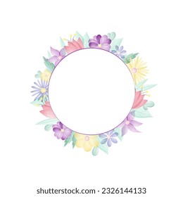 Vector Frame with Circle and Painted Watercolor Flowers