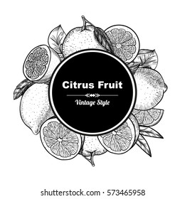 Vector frame with citrus fruit. Hand drawn. Vintage style