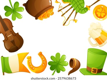 Vector frame of clover, shamrock, horseshoe, violin, leprechaun hat, tobacco pipe and beer glass for St. Patrick's Day, with space for text on white background. Rectangular horizontal frame.