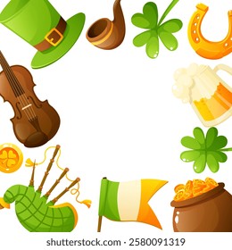 Vector frame of clover, shamrock, horseshoe, violin, leprechaun hat, tobacco pipe and beer glass for St. Patrick's Day, with space for text on white background. Square frame.