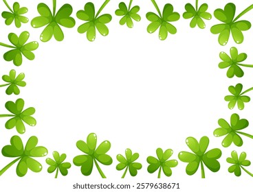 Vector frame of clovers and shamrocks for St. Patrick's Day, with space for text on white background. Green leaves, rectangular horizontal frame.