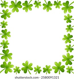 Vector frame of clovers and shamrocks for St. Patrick's Day, with space for text on white background. Green leaves, square frame.