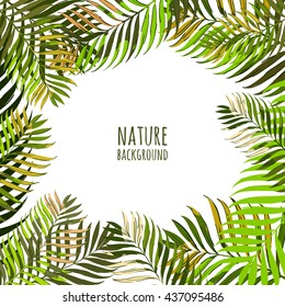 Vector frame with coconut palm leaves on white background. Floral summer background with tropical green leaves. Design for banner, poster, invitation card. 