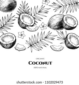 Vector frame with coconuts and tropical leaves .Hand drawn. Vintage style