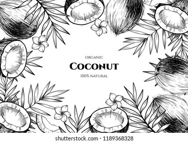 Vector frame with coconuts and tropical leaves .Hand drawn. Vintage style