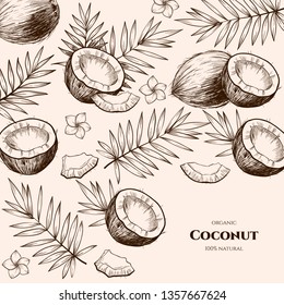 Vector frame with coconuts and tropical leaves .Hand drawn. Vintage style