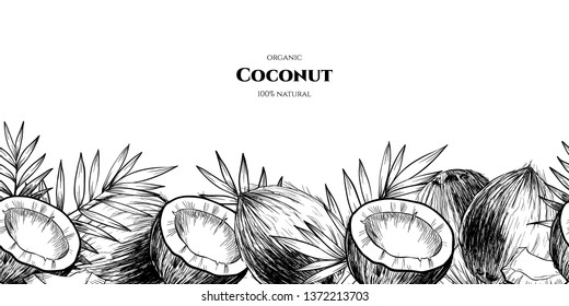 Vector frame with coconuts and tropical leaves .Hand drawn. Vintage style