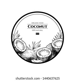 Vector frame with coconuts and tropical leaves .Hand drawn. Vintage style