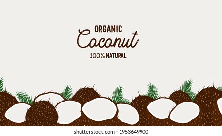 Vector frame with coconuts and tropical leaves .Hand drawn lettering inscription