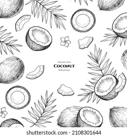 Vector frame with coconuts and tropical leaves.  Hand drawn illustrations. svg