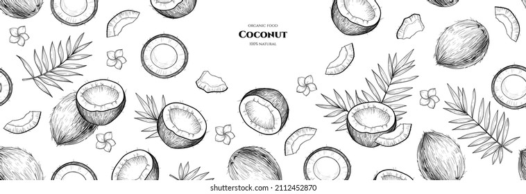 Vector frame with coconuts and tropical leaves. Hand drawn illustrations.