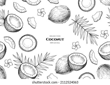 Vector frame with coconuts and tropical leaves. Vector seamless pattern. Hand drawn illustrations.