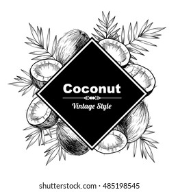 Vector frame with coconuts and tropical leaves .Hand drawn. Vintage style