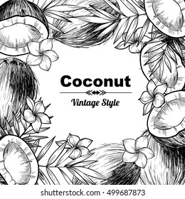 Vector frame with coconuts and tropical leaves .Hand drawn. Vintage style