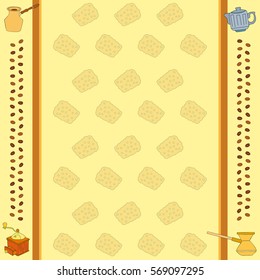 Vector frame Coffee. Colorful background with cookies and coffee. Perfect for printing on fabric or paper.
