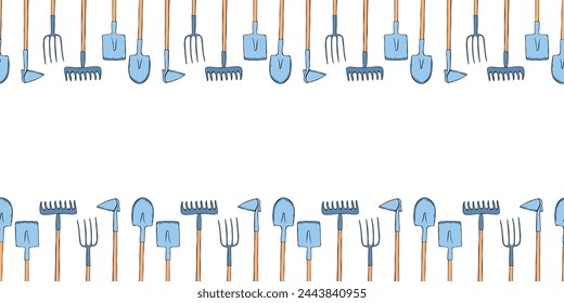 Vector frame of color garden tools: shovel, hoe, rake, pitchfork. Working equipment. Horizontal upper and lower edging, border, divider on gardening, farming, agriculture