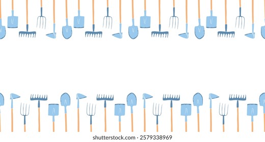 Vector frame of color garden tools: shovel, hoe, rake, pitchfork. Working equipment. Horizontal upper and lower edging, border, divider on gardening, farming, agriculture