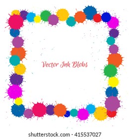 Vector Frame With Color Ink Blobs over white background. Frame for your design, invitation card, holiday banner, and other bright colour projects.