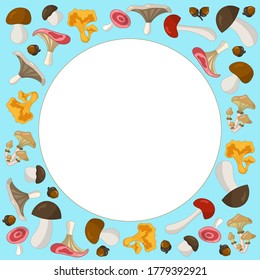 Vector frame with colorful edible mushrooms on a blue background, for cover design, packaging, textile print