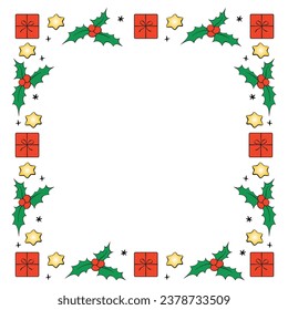 Vector frame of colorful festive Christmas symbols - presents, stars, holly berries. New year Xmas background, border for winter holidays decor, greeting cards