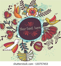 vector frame with colorful plants,hearts and birds