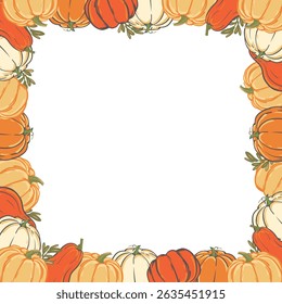 Vector frame of colorful pumpkins, Halloween decoration. Square template with autumn pumpkins for party invitations.
