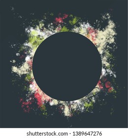 Vector frame with a colorful splash around the center. Copy free space for subtitles or text. Watercolor, rainbow invitation or gift card. Abstract, atmospheric background. Graphic design.