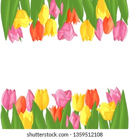Vector frame of colorful tulips: yellow, pink, red, with a copy space