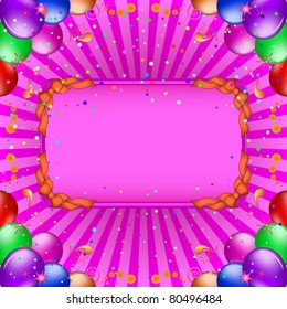 Vector: frame, coloured balloons and confetti on lilac background with beams