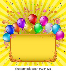 Vector: frame, coloured balloons and confetti on gold background with beams